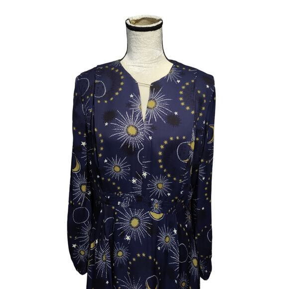 Whistles Women's Sz 10 Navy Gold Celestial Print Stars Moons Dress Long Sleeve - Picture 2 of 11